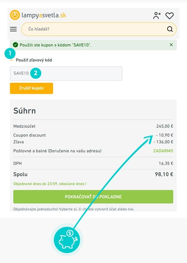 Návod ako uplatniť zľavový kód v košíku e-shopu Lampyasvetla