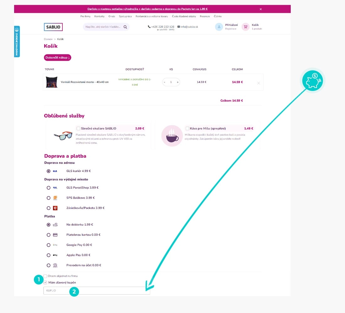 Návod ako uplatniť zľavový kód v košíku e-shopu Sablio