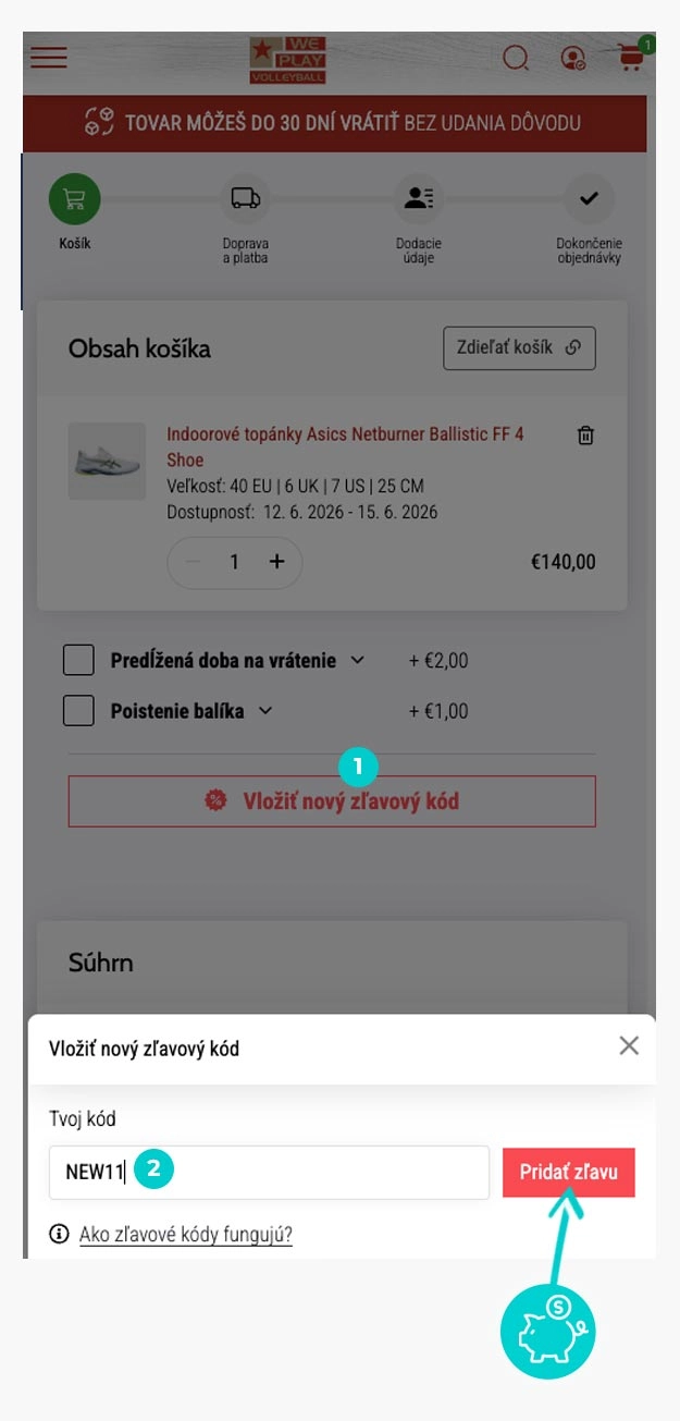 Návod ako uplatniť zľavový kód v košíku e-shopu WePlayVolleyball
