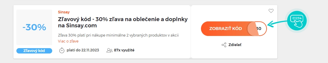 Ukážka zľavového kódu Sinsay