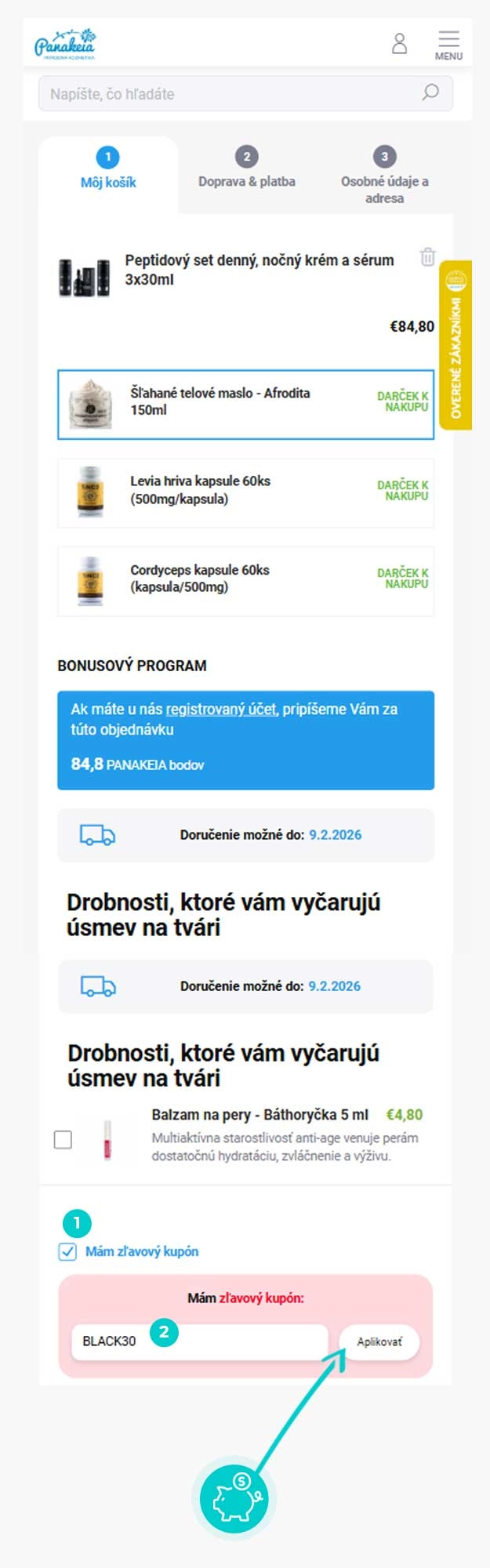 Návod ako uplatniť zľavový kód v košíku e-shopu Panakeia