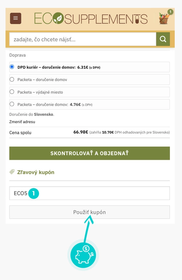 Návod ako uplatniť zľavový kód v košíku e-shopu Eco Supplements