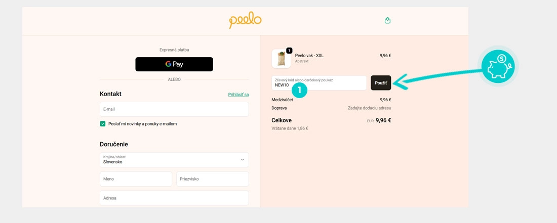 Návod ako uplatniť zľavový kód v košíku e-shopu Peelo