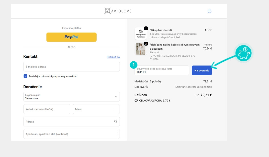 Návod ako uplatniť zľavový kód v košíku e-shopu Avidlove