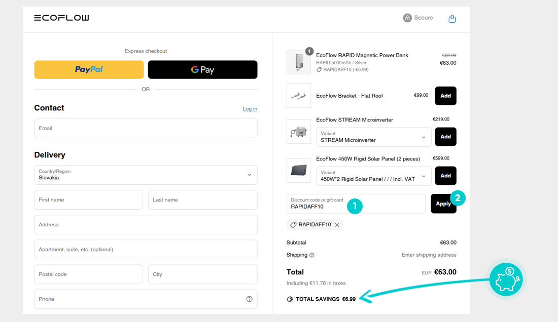 Návod ako uplatniť zľavový kód v košíku e-shopu EcoFlow