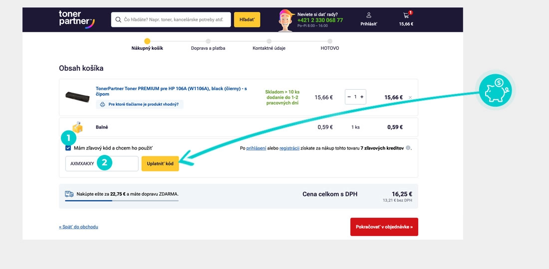 Návod ako uplatniť zľavový kód v košíku e-shopu TonerPartner