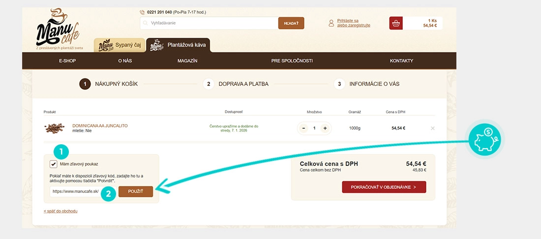 Návod ako uplatniť zľavový kód v košíku e-shopu ManuCafe