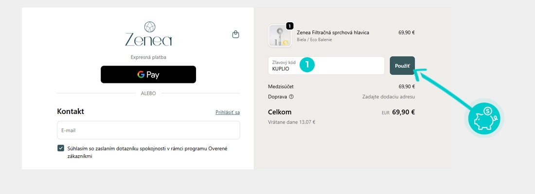 Návod ako uplatniť zľavový kód v košíku e-shopu Zenea