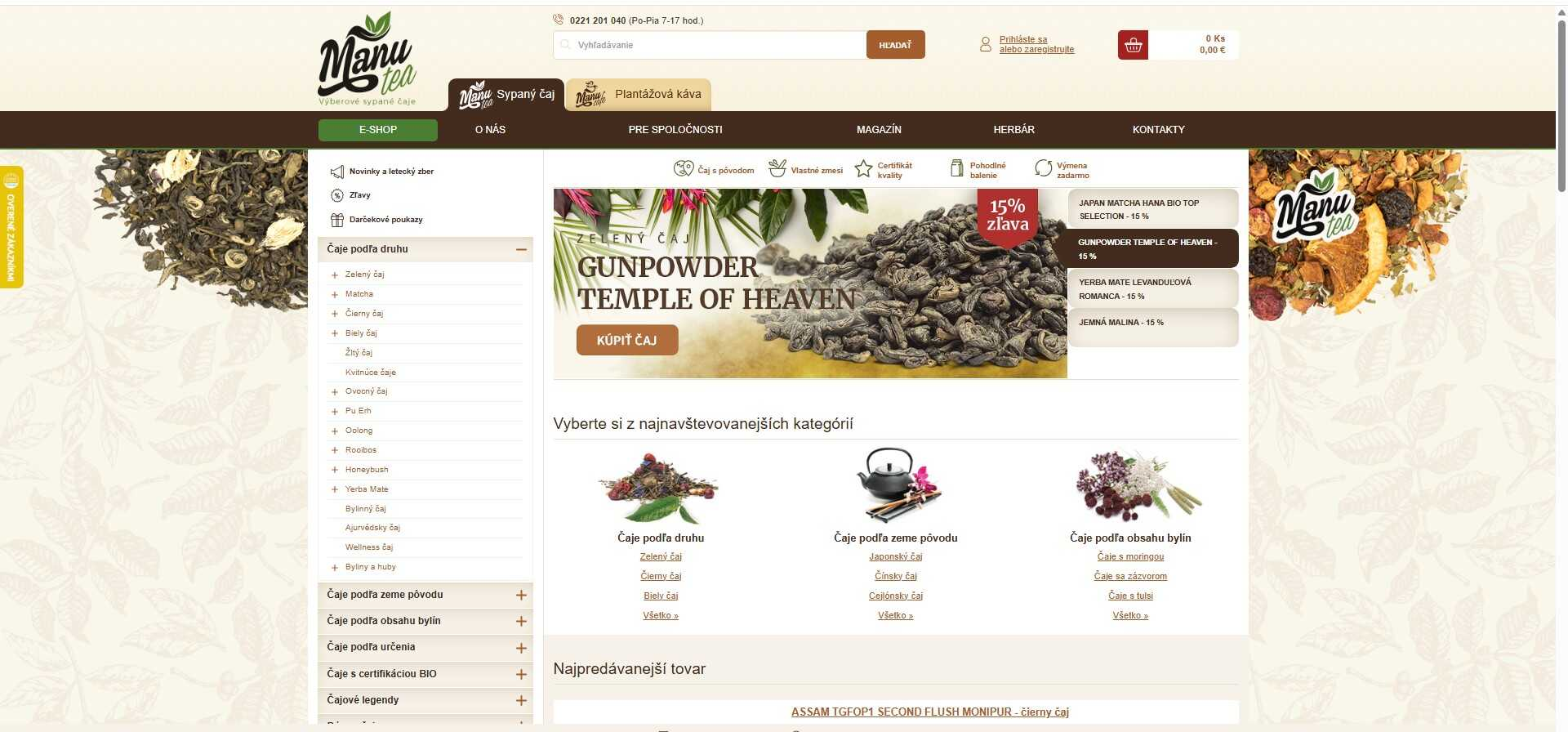 Homepage Manutea s ponukou čajov