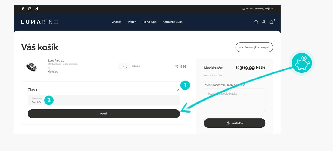 Návod ako uplatniť zľavový kód v košíku e-shopu Luna Ring
