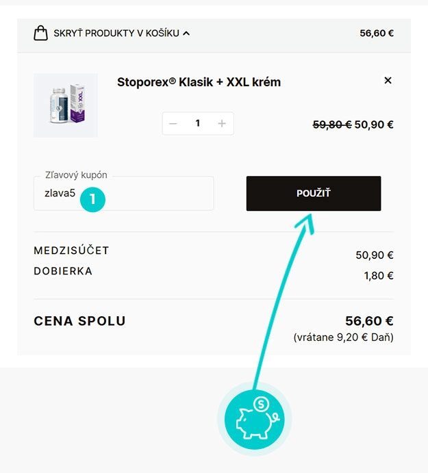 Návod ako uplatniť zľavový kód v košíku e-shopu Stoporex