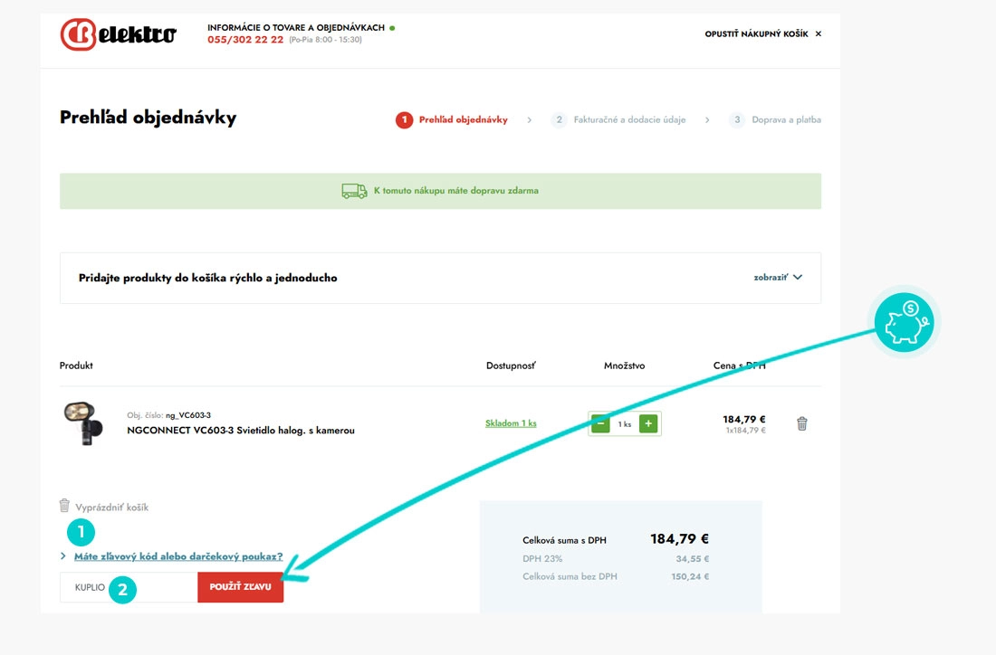 Návod ako uplatniť zľavový kód v košíku e-shopu CB elektro