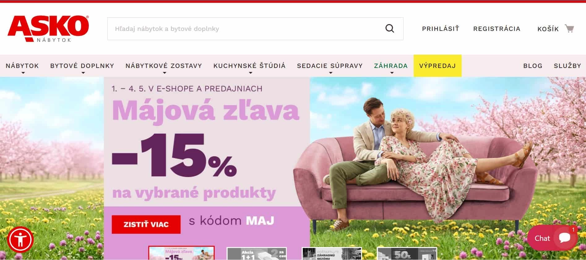screen home page e-shopu Asko s fotografiou ženy a muža na ružovej pohovke