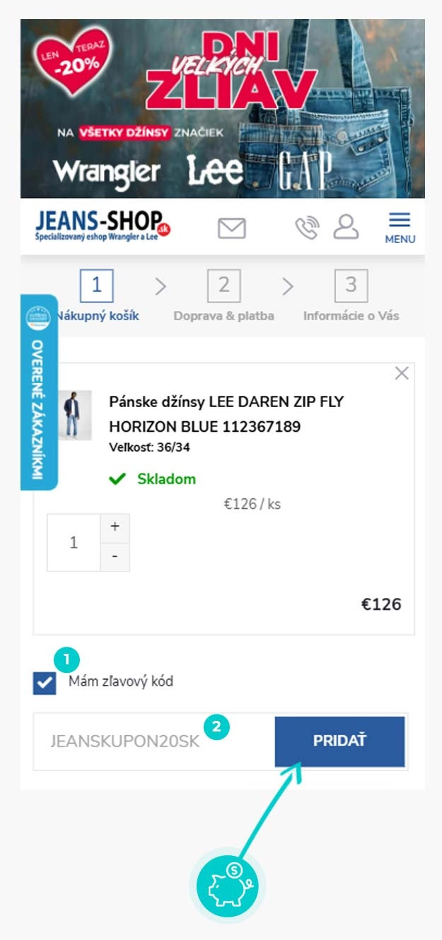 Návod ako uplatniť zľavový kód v košíku e-shopu Jeans-Shop.sk