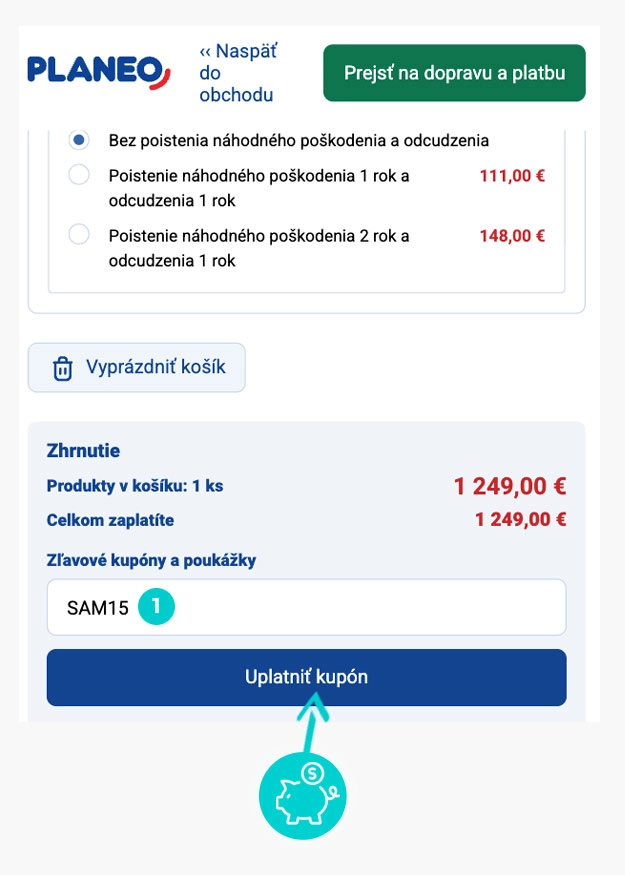 Návod ako uplatniť zľavový kód v košíku e-shopu Planeo
