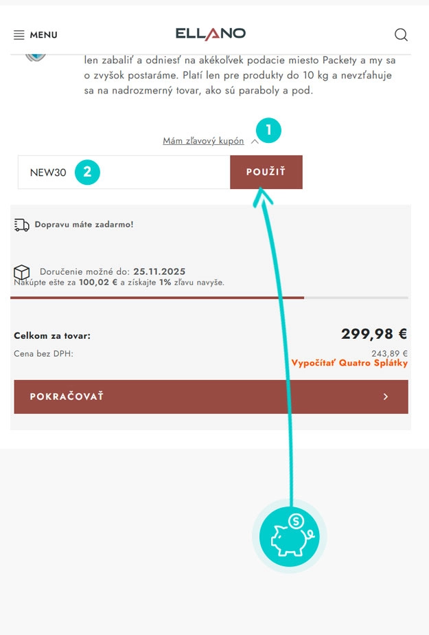 Návod ako uplatniť zľavový kód v košíku e-shopu Satelity.Ellano