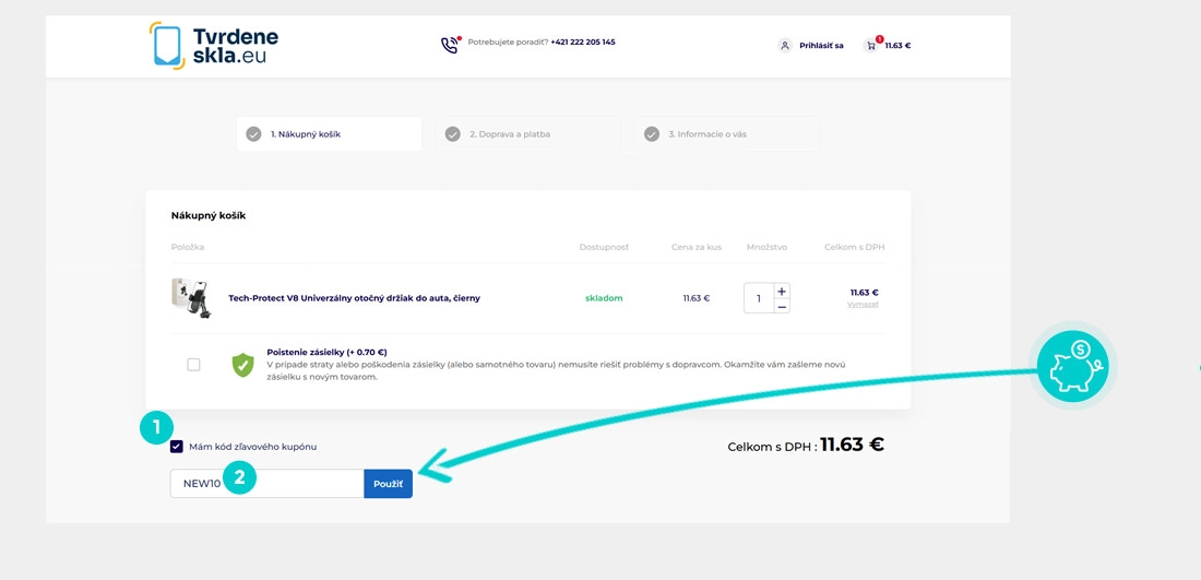 Návod ako uplatniť zľavový kód v košíku e-shopu Tvrdeneskla.eu