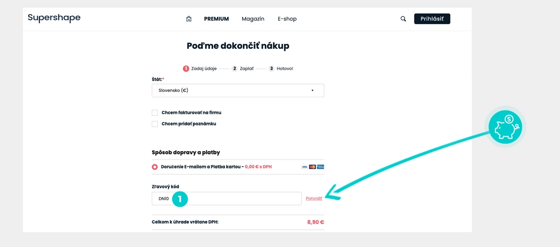 Návod ako uplatniť zľavový kód v košíku e-shopu Supershape