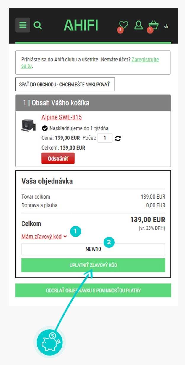 Návod ako uplatniť zľavový kód v košíku e-shopu Ahifi