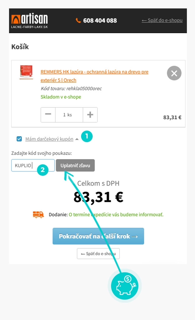 Návod ako uplatniť zľavový kód v košíku e-shopu Lacne-Farby-Laky.sk