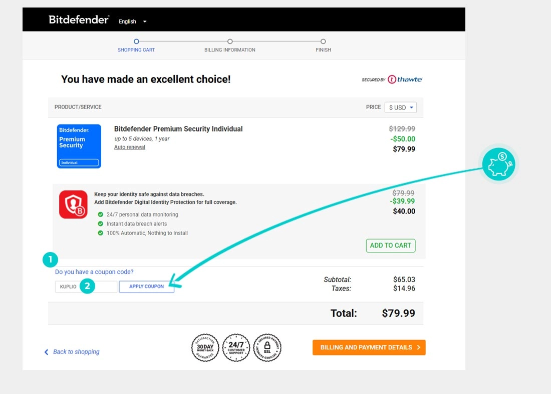 Návod ako uplatniť zľavový kód v košíku e-shopu Bitdefender