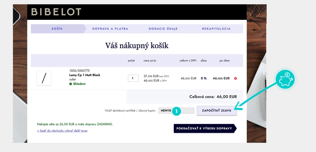 Návod ako uplatniť zľavový kód v košíku e-shopu Bibelot