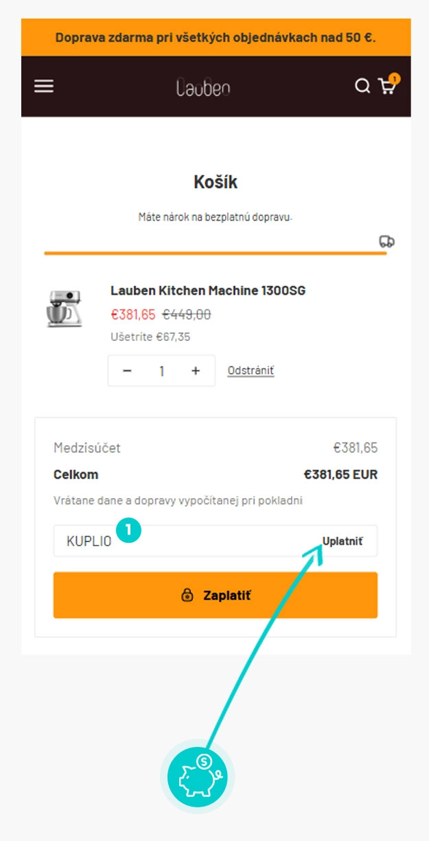 Návod ako uplatniť zľavový kód v košíku e-shopu Lauben