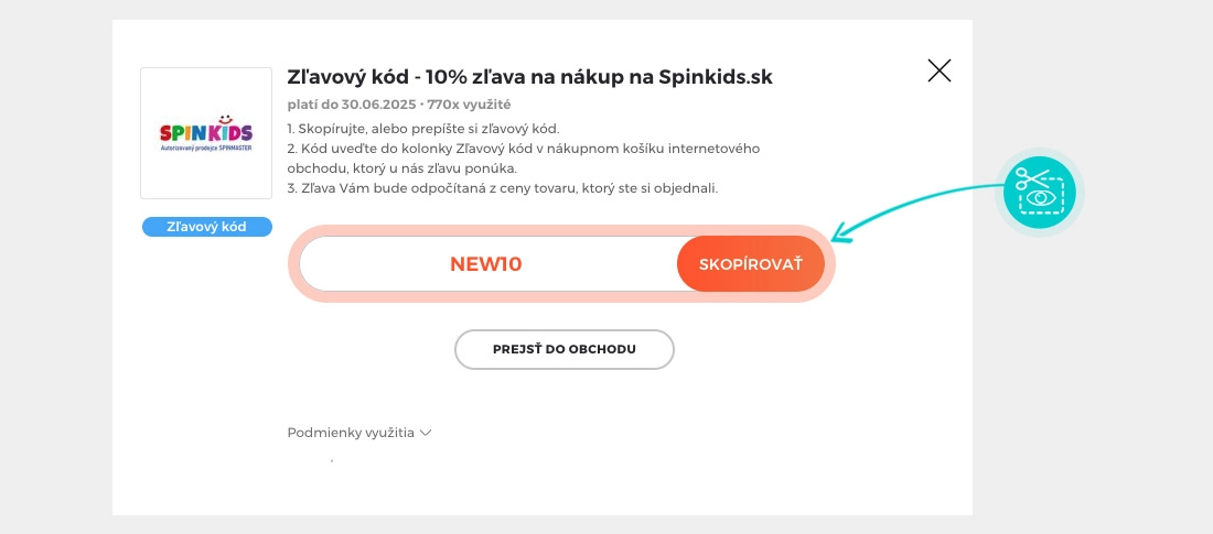 Návod ako skopírovať zľavový kód Spinkids