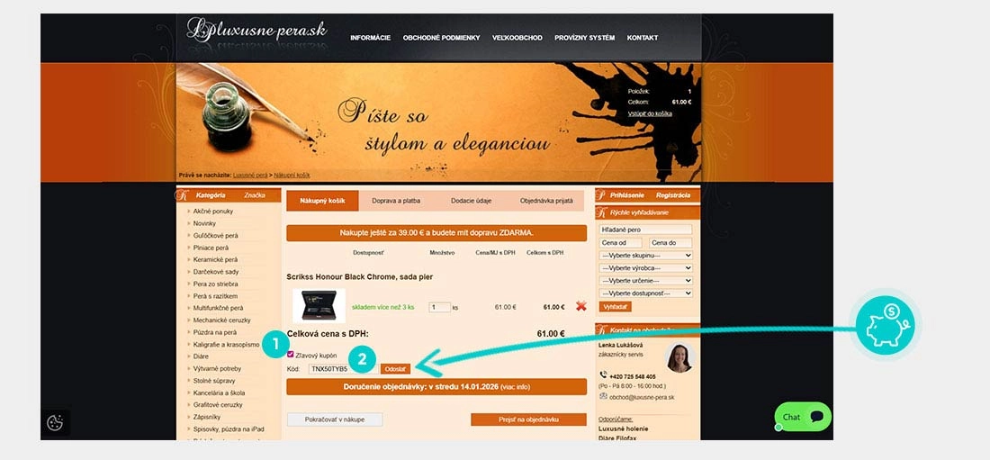 Návod ako uplatniť zľavový kód v košíku e-shopu Luxusne-pera