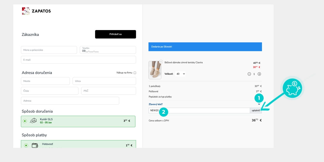 Návod ako uplatniť zľavový kód v košíku e-shopu Zapatos