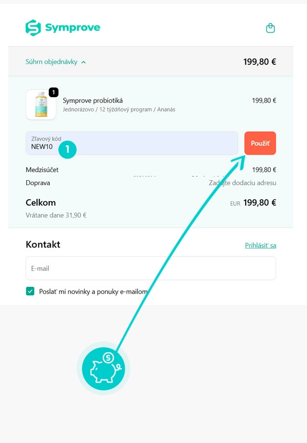 Návod ako uplatniť zľavový kód v košíku e-shopu Symprove