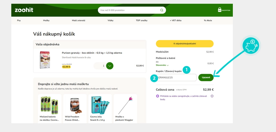 Návod ako uplatniť zľavový kód v košíku e-shopu Zoohit
