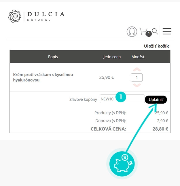 Návod ako uplatniť zľavový kód v košíku e-shopu Dulcia