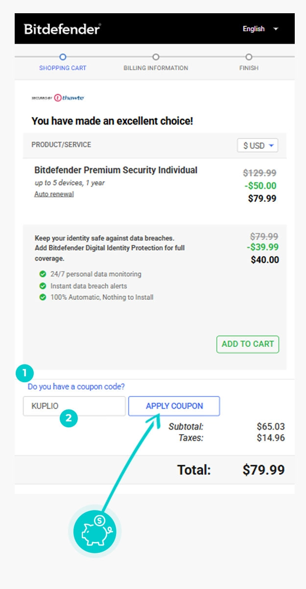 Návod ako uplatniť zľavový kód v košíku e-shopu Bitdefender