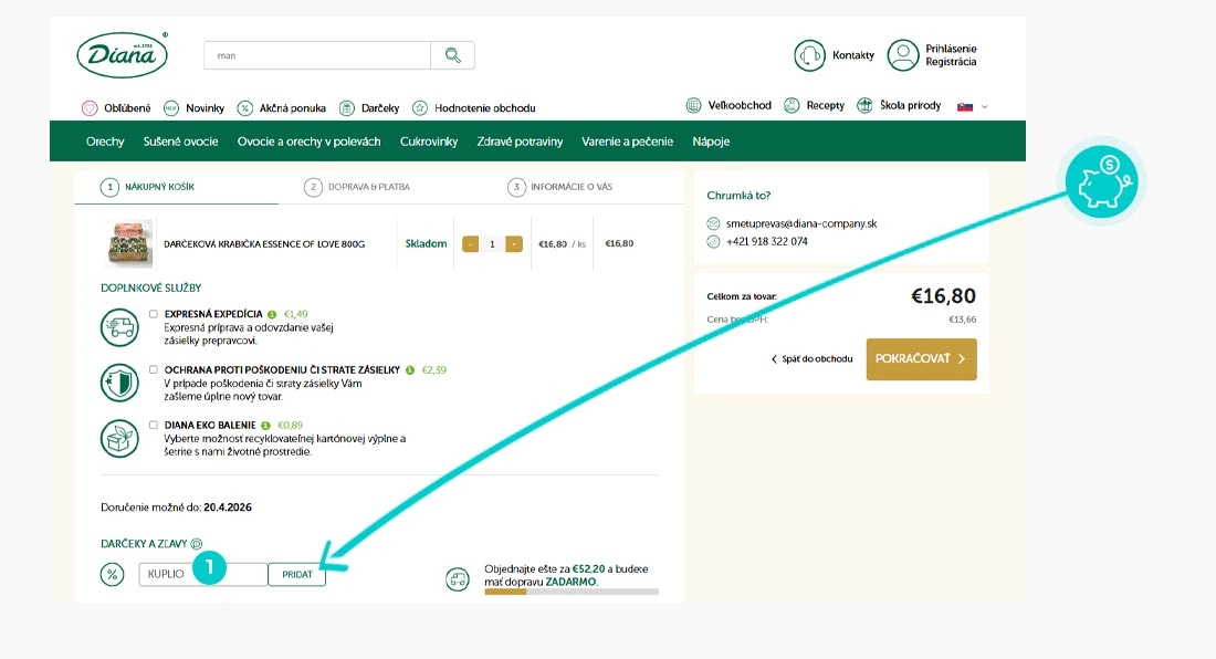 Návod ako uplatniť zľavový kód v košíku e-shopu Diana Company
