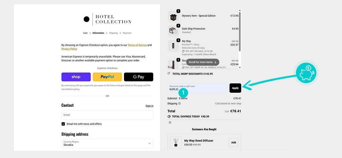 Návod ako uplatniť zľavový kód v košíku e-shopu Hotel Collection
