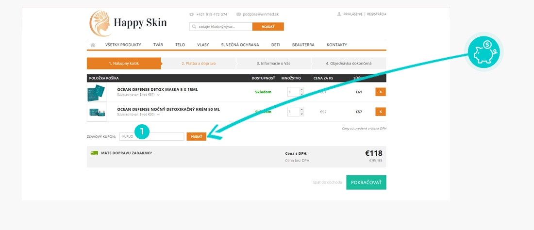 Návod ako uplatniť zľavový kód v košíku e-shopu Happy Skin
