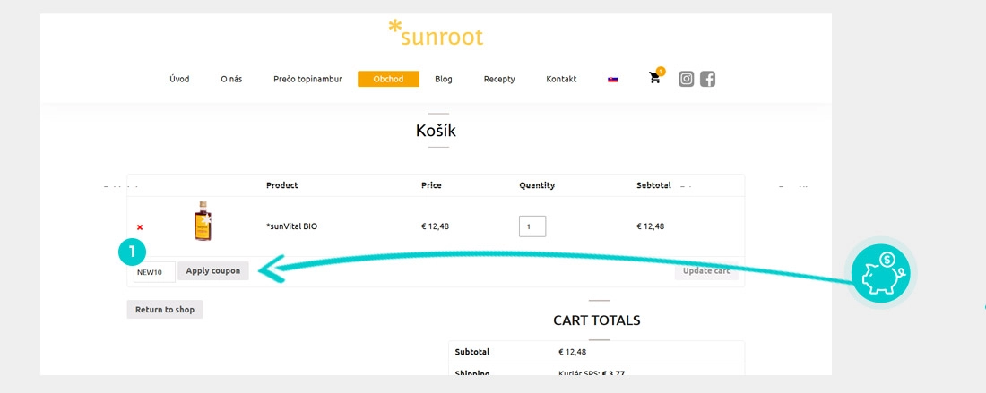 Návod ako uplatniť zľavový kód v košíku e-shopu Sunroot