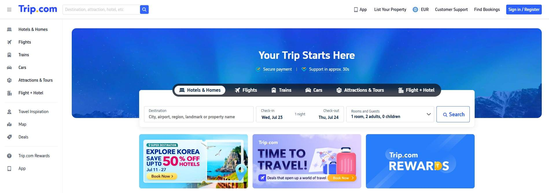 homepage Trip.com hľadanie ubytovania