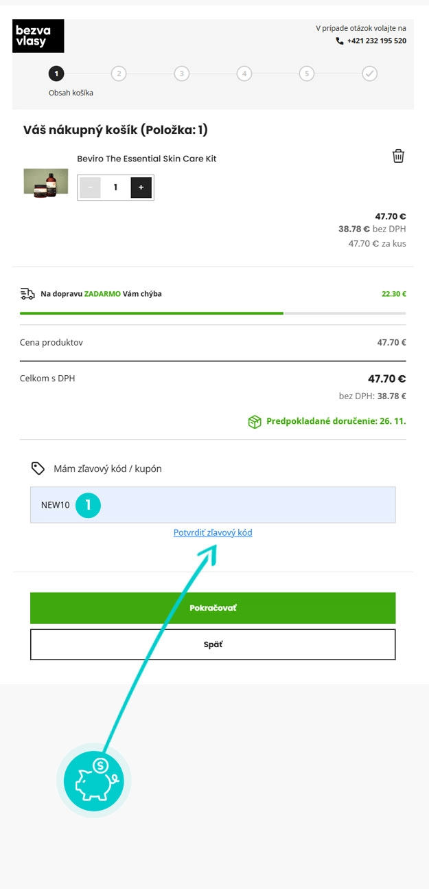 Návod ako uplatniť zľavový kód v košíku e-shopu Bezvavlasy