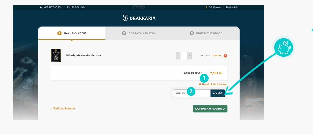 Návod ako uplatniť zľavový kód v košíku e-shopu Drakkaria
