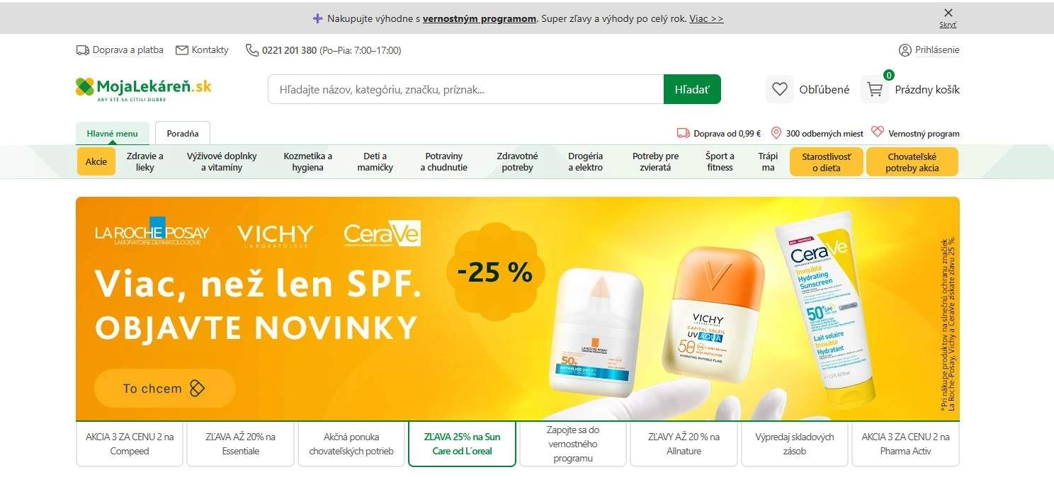 homepage Moja lekáreň SPF produkty výživové doplnky kozmetika potraviny zdravotné potreby