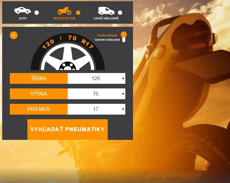 vyhľadávanie pneumatík podľa veľkosti pre motocykle
