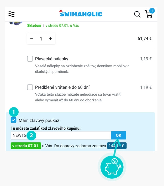 Návod ako uplatniť zľavový kód v košíku e-shopu Swimaholic