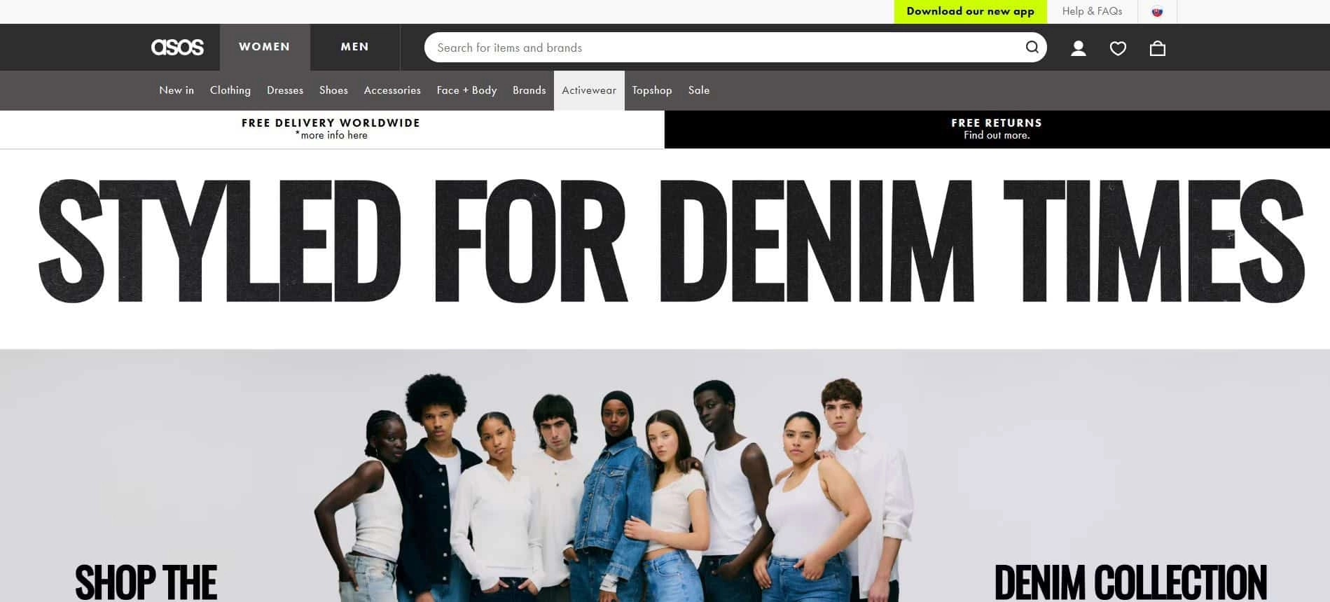 Homepage e-shopu Asos, na ktorom sú rôznorodí ľudia oblečení v denime.