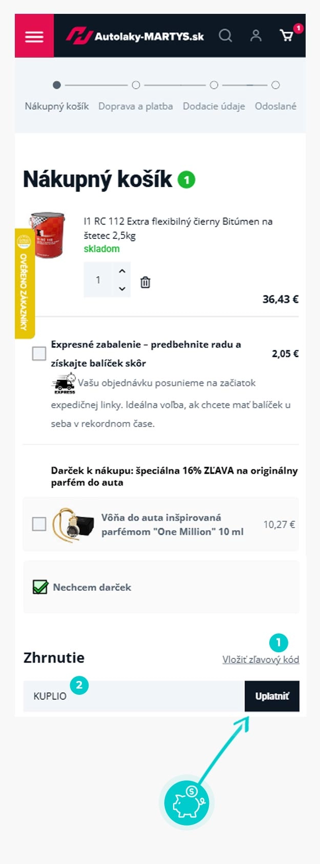 Návod ako uplatniť zľavový kód v košíku e-shopu Autolaky-martys.sk