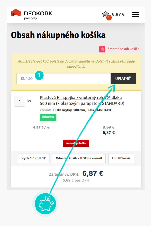 Návod ako uplatniť zľavový kód v košíku e-shopu Parapety Deokork