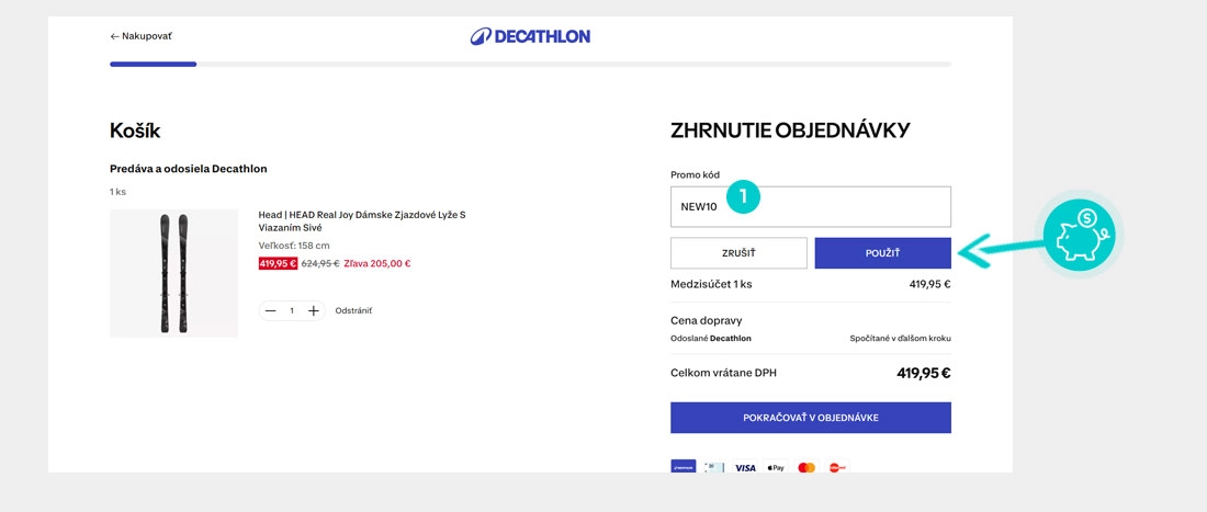 Návod ako uplatniť zľavový kód v košíku e-shopu Decathlon