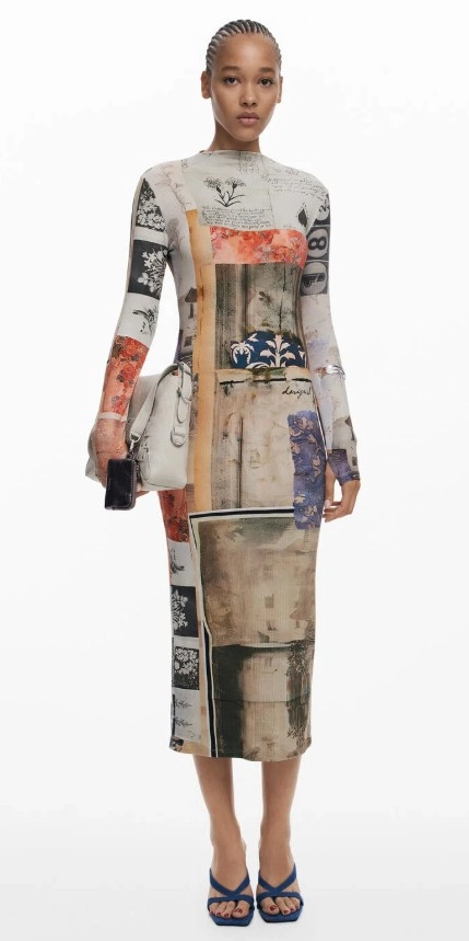 žena oblečená v priliehavých šatách s kolážou