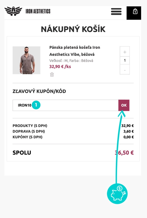 Návod ako uplatniť zľavový kód v košíku e-shopu Iron Aesthetics